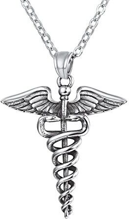 U7 Collana Pendente Uomo Cindolo di Caduceo, Simbolo di Medico, 2 Serpenti Manganello con Ali, Catena Regolabile, Acciaio Inossidabile, Argento Regalo Natale Compleanno