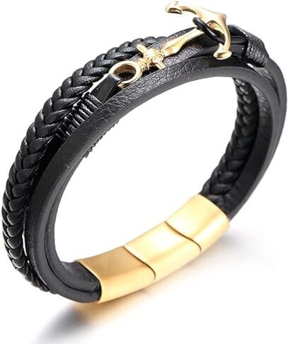 HALUKAKAH Plus ● Vela ● Bracciale Uomo in Vera Pelle Cuoio Fatto a Mano Treccia Ancora Chiusura Magnetica Titanio Acciaio Opaco Dorato Taglia Regolabile 8.46"-9"(21.5-23cm) con Pacco Regalo Gratuita