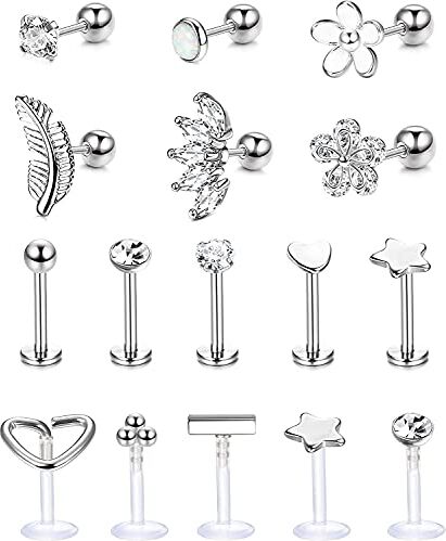 Milacolato Forward Helix Cartilagine Tragus Orecchini Stud Acciaio Inossidabile Trasparente Lip Naso Anelli Labret Borchie CZ Fiori Foglia Opale Bilanciere Stud Monroe Piercing Jewelry 16G