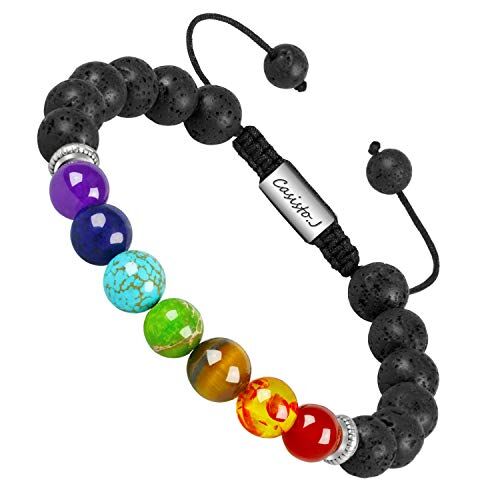 Casisto.J 7 Cristalli Chakra Pietre Bracciale Uomo e Donna, Tibetano, Braccialetti Yoga, Braccialetto Chakra & Lava Nera con Scatola Regalo