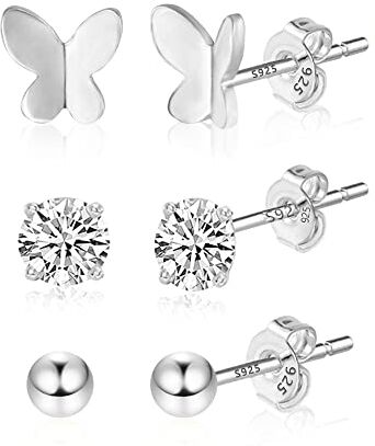 KISSPAT 3 Paia Orecchini Donna a Bottone in Argento Sterling 925 Placcato in Oro Bianco Piccoli Orecchini a Bottone a Sfera con Zirconi Cubici per Donne Ragazze