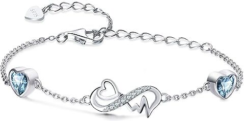 Qings Bracciale Infinito Donna Argento 925 con Aquamarina Bracciali Marzo Cuore Pietre di Nascita Braccialetto Regolabile Infinity ECG, Blu Gemma Gioielli Compleanno Regalo per Mamma Donne Ragazze