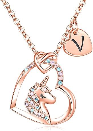 TINGN Collana Unicorno Regali per Ragazze, Collana con Ciondolo Unicorno in Oro Rosa 14K con Lettera Collana Unicorno per Bambini Iniziale V Collane Unicorno per Ragazze Gioielli Regali per Ragazze