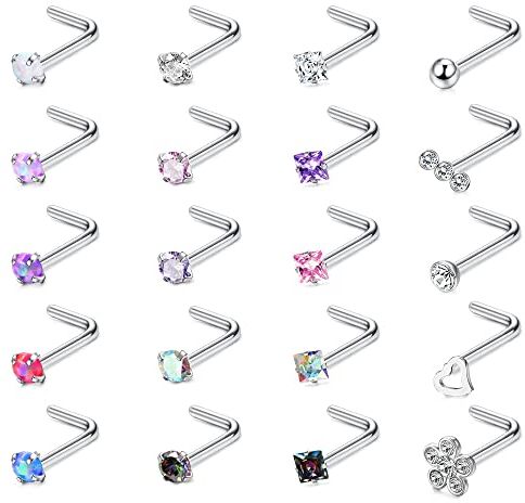 ADRAMATA 20 Pezzi 20G Piercing Naso Acciaio Chirurgico Naso Stud Set Diamante Opale CZ Nostril Piercing Gioielli per Donna Uomo Vite/Dritto/L Forma Naso Anelli Piercing Gioielli Multicolore,L