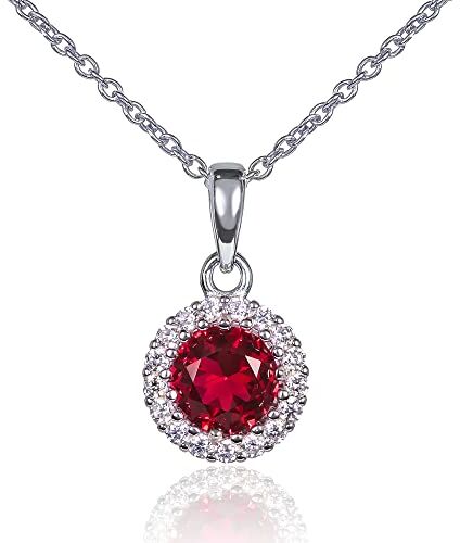 Diamond Treats Collana Rossa da Donna in Argento Sterling 925, Collana Halo con una Pietra di Zirconia Cubica Rosso Rubino, Elegante Collana con Ciondolo Rotondo, Collana Argento 925 Donna