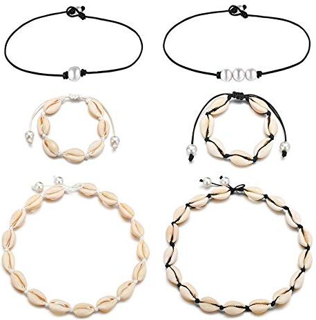 Huture 6pcs Collana Conchiglia di Perle e Bracciale Conchiglia Set di Gioielli Girocollo Conchiglia Collana Cavigliera Conca Naturale Accessori per Bracciali con Nappe in Corda Velluto per le Donne