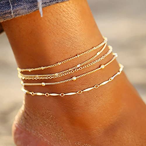 Clataly 5 Pieces Anklets Beaded Chain Anklet Boho Multi-layered Anklet Bracelets Beach Foot Chain Jewelry for Women and Girls (Oro)