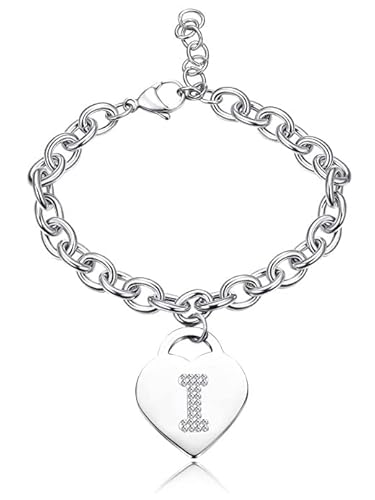 SiLo Bijoux Bracciale con lettera iniziale donna con STRASS in acciaio con lettera NOME charm cuore e cristalli argento alfabeto misura regolabile, nascita, anniversario,idea CONFEZIONE REGALO INCLUSA (I)