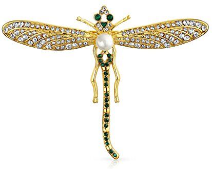 Bling Jewelry Spilla Da Giardino A Forma Di Libellula E Lucciola Con Cristallo Verde Smeraldo Simulato Di Stile Estivo Dichiarazione Di Moda Per Donne In Ottone Placcato In Oro 14K