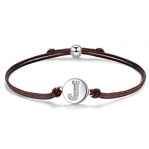 J.Endéar Bracciale Lettera J in Argento Sterling 925, Lettera Iniziale Disco con Catena in Filigrana Fatta a Mano Regolabile da 24cm, Marrone