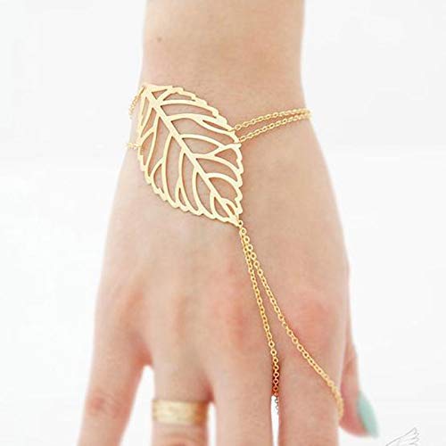 TseenYi Boho Foglia Anello da dito Bracciale Slave Oro Anello Regolabile Catena a Mano Gioielli per Donne Ragazze (Oro)