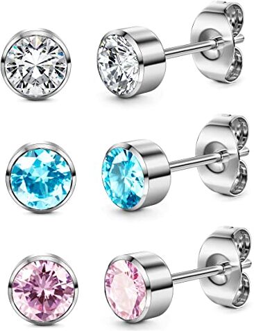 ORAZIO 3 Paia di Orecchini a Perno Per Donne Titanio Ragazze Orecchini Set ipoallergenico Cubic Zirconia Orecchini da Uomo 3/4/5mm Sleep Stud Ipoallergenici Per Orecchie Sensibili