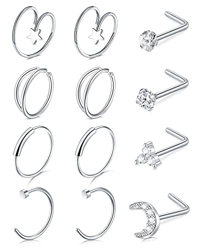 AceFun 12pcs 20G Piercing Naso Anello Doppio Cerchio 8mm/10mm Stella Curvo a Forma di L Borchie Naso 0.8MMNaso Bar Nostril Piercing Diamante Cubic Zirconia Argento Cuore Stella Fiore Luna 7MM