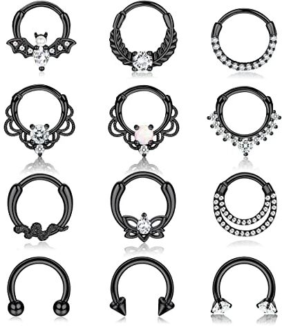 ADRAMATA 12 Pezzi 16G Naso Anelli Cerchio Acciaio Chirurgico Naso Piercing Setto Anelli Set CZ Opale Cartilagine Daith Piercing Anello Helix Piercing Orecchino Naso Piercing Naso Anelli Gioielli