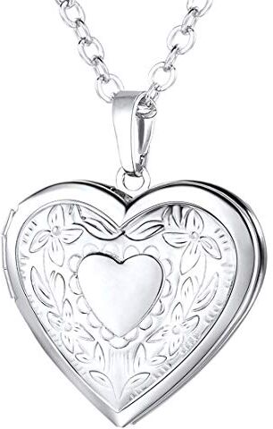 U7 Collana Pendente Donna Medaglione Cuore Scultura Fiore Cuore Locket Portafoto, Catena Regolabile, Placcato Platino, Regalo Natale per Ragazza, con Confezione, Argento