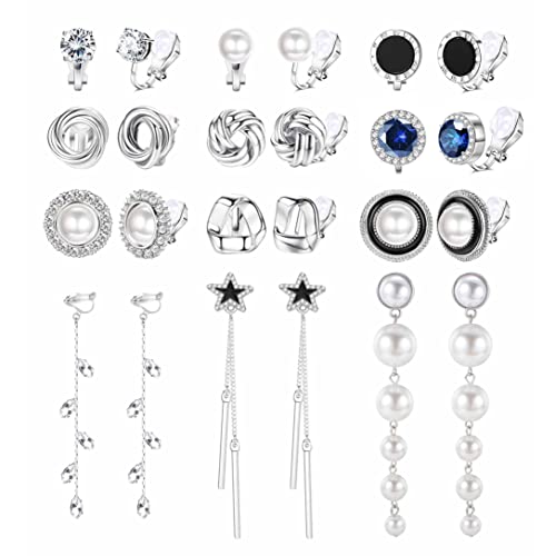 CASSIECA 12 Paia Orecchini Clip Donna Perla Fiore Nodo Orecchini Clip Non Trafitto Cubic Zirconia Orecchini Clip Senza Buco Set Orecchini Argento Clip per Donna Ragazze