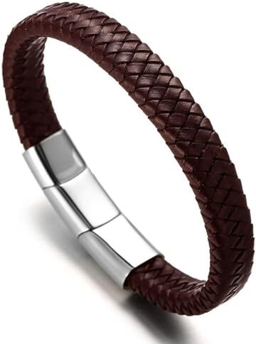 HALUKAKAH Plus ● Solo ● Bracciale Uomo in Vera Pelle Cuoio Marrone con Chiusura Magnetica in Titanio Acciaio Argento Taglia Regolabile 8.46"-9"(21.5-23cm) con Pacco Regalo Gratuito