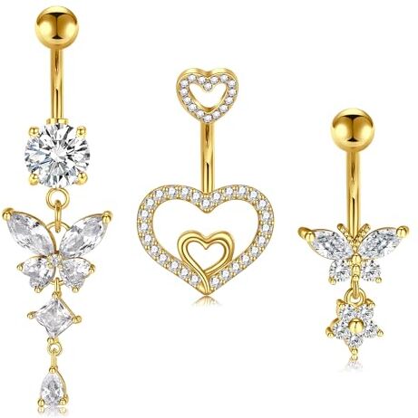 NIUSIMAN 3 pezzi ombelico Piercing, 14G oro acciaio chirurgico ombelico anello CZ cuore farfalla ombelico gioielli Zirconia diamante lungo ombelico Piercing Barbell Set per le donne