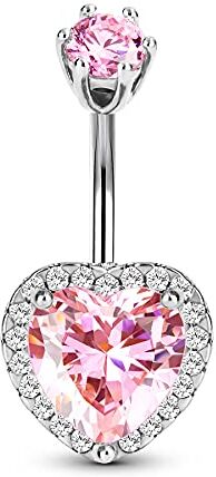 CM Crareesi Mania CM Crareesi Piercing per ombelico a forma di cuore, in acciaio INOX 316L, elegante piercing per ombelico da 16 g, con zirconia cubica rosa, per gilrs e donne e Acciaio inossidabile