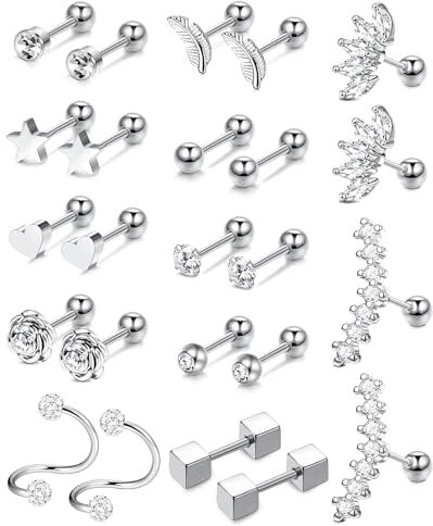 Dochais 24 Pezzi Piercing Cartilagine Helix Piercing Helix Acciaio Inossidabile Piercing Orecchio Helix Cerchio Orecchini Piercing Trago Argento Piercing Conch Orecchio per Donna 16G 18G 20G