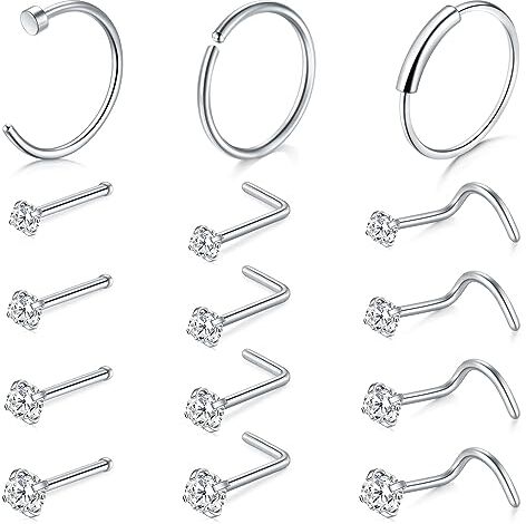 Mayhoop 22G Anello del naso borchie vite set sottile 0,6 millimetri in acciaio chirurgico CZ Nostril Piercing gioielli d'argento Unisex regalo per le donne uomini