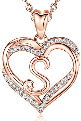 INFUSEU Collana Iniziale Cuore da Donna, Ciondolo Lettera S in Oro Rosa, Gioielli Cubic Zirconia CZ per Regali per Fidanzata, Moglie, Mamma, Catena da 20 Pollici