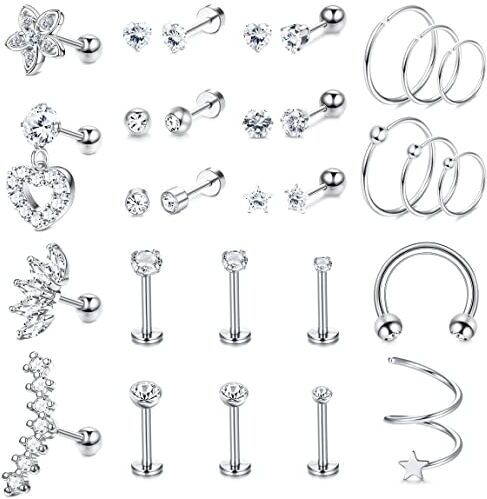 Milacolato 30pcs Helix Piercing Jewellery Stainless Steel,Cartilage Tragus Conch Helix Piercing Earrings for Women Girls,CZ Barbell Lip Clicker Piercing Rings Studs Ear Jewellery Piercing Set Silver