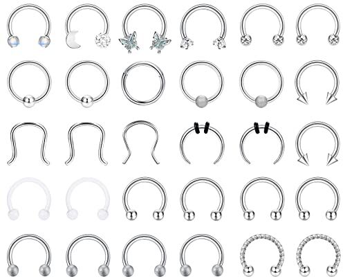 Milacolato 16G Septum Piercing Orecchini Acciaio Inossidabile, Anello Naso Horseshoe Argento Nero 10mm, Anallergici Orecchini Helix Daith Cartilagine Lingua Piercing Gioielli per Uomo Donna 30Pz