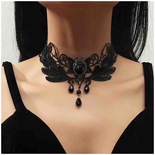 Cimenexe Collana in Pizzo Nero Gotico Collana con Ciondola Cz Nera Collana in Pizzo con Fiore Vintage Collana con Strass Waterdrop Collana con Girocollo Gioielli per Donna e Ragazze Halloween Party