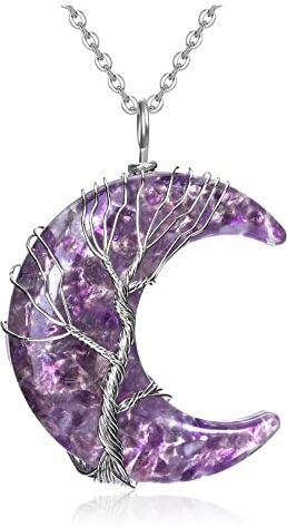 CrystalTears Ametista collana di pietre preziose argento albero della vita filo avvolto ciondolo a forma di luna ciondolo in resina cristallo guarigione meditazione donna uomo collana regalo