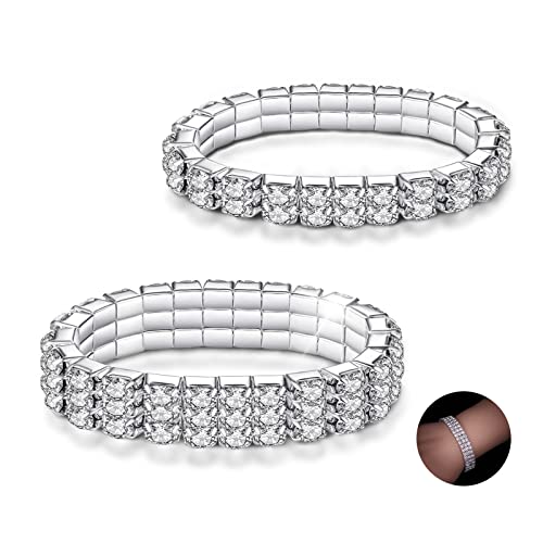 LucBuy 2 Pezzi Braccialetti Elastici con Strass, Bracciale da Tennis con Diamanti,Gioielli con Bracciale Impilabile in Cristallo Argento,Bracciale a Fascia per Feste di Matrimonio per Donneze