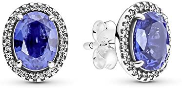 PANDORA Timeless Orecchini a bottone con cerchio brillante e appariscente in argento Sterling con cristallo blu principessa e zirconi cubici trasparenti