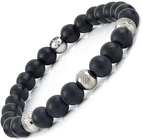 10:10 Bracciale uomo donna elastico con pietre dure naturali diametro 8 mm alternato da sfere in acciaio inox diamantate. Braccialetto elastico con pietre dure molto resistente. Made In Italy