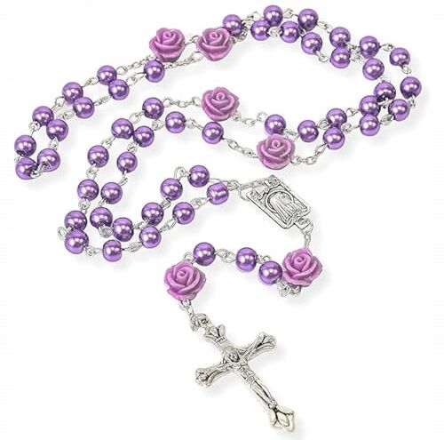 Kuesn Collana con rosario cattolico in ametista, 6 mm, con perle viola e croce con fiore di rosa, collana religiosa (viola), Vetro, Perla