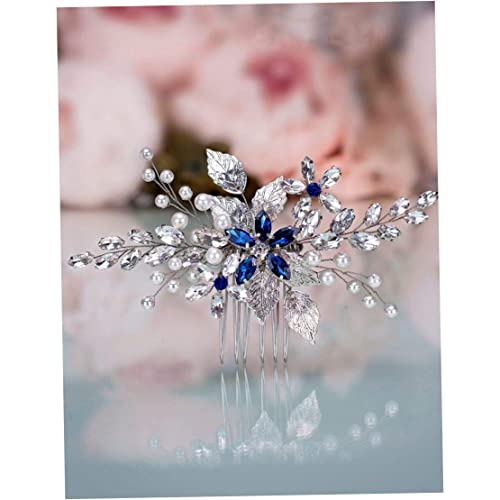 Generic Bridal Sapphire Crystal Hair Pettle Pearl Blue Crystal Leaf Marquise People Festival Festival Accessori per capelli per donne e ragazze (argento)