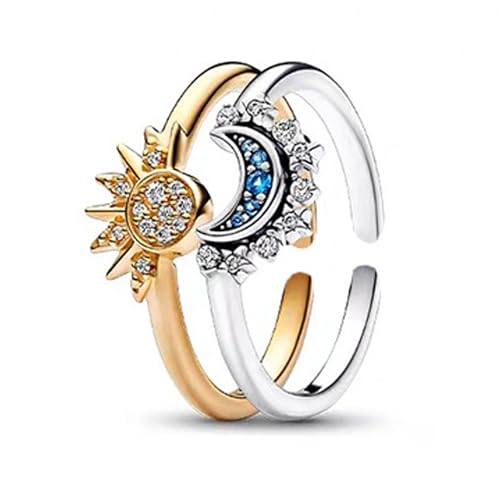 MeeQee Anelli Sole e Luna Celesti Anello da Donna a Strati Scintillante e Anello Luna Blu con Placcatura in Oro/Argento Anello Aperto con Diamanti San Valentino Anniversario