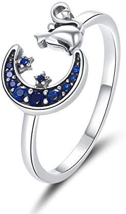 Qings Gatto Anello Regolabile Anello Regolabile Argento 925 Blu CZ Anello con Luna e Stella Anello Aperto Gatto Anello Donna Anello Animale Gioielleria di Moda per Donne