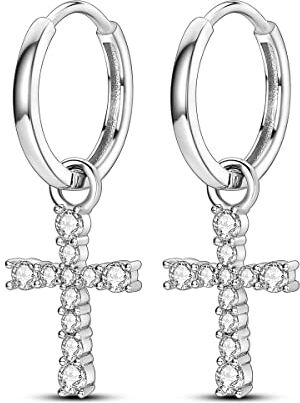 NARMO Croce Pendente Orecchini 925 Sterling Silver Cubic Zirconia Hoop Orecchini per le Donne