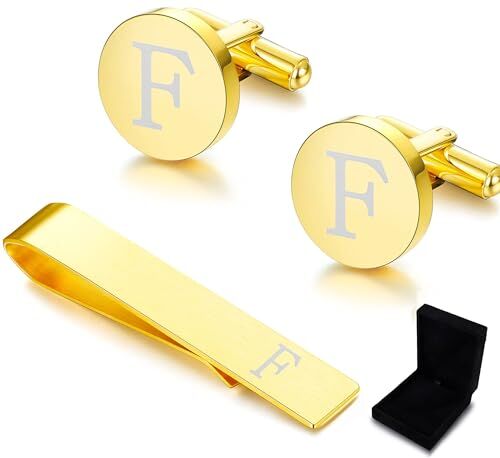 Diamday Gemelli & Fermacravatta Uomo con Iniziali Alfabeto Lettera A-Z Gemelli Fermacravatta Oro personalizzato in acciaio inox Regalo con Scatola per Matrimonio, Sposi, Marito, Padre