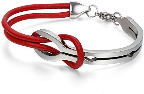 OIDEA Bracciale Uomo Donna Braccialetto Pelle Acciaio Inox Infinito Argento Rosso