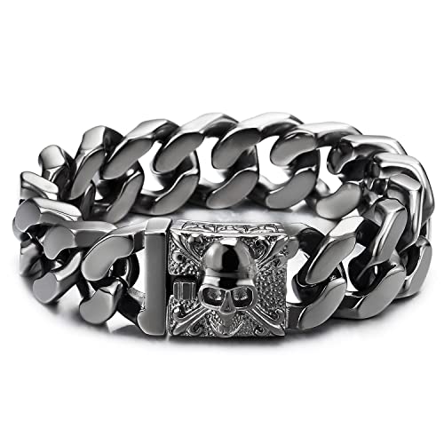 COOLSTEELANDBEYOND Uomo Grande Grigio Nero Acciaio Barbozzale Bracciale con Fleur de Lis e Cranio, Gotico Biker, Lucidato