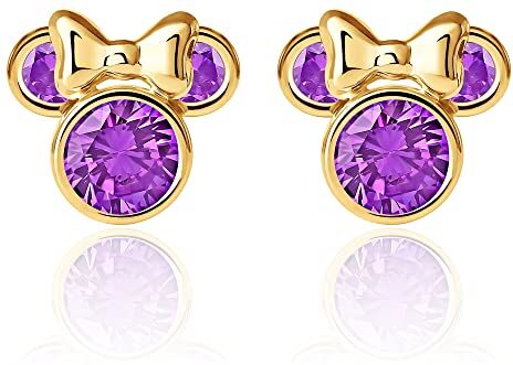 Disney Orecchini  in Oro Giallo 10 KT per Bambine con Minnie, Impreziosito da Zirconia, Viola