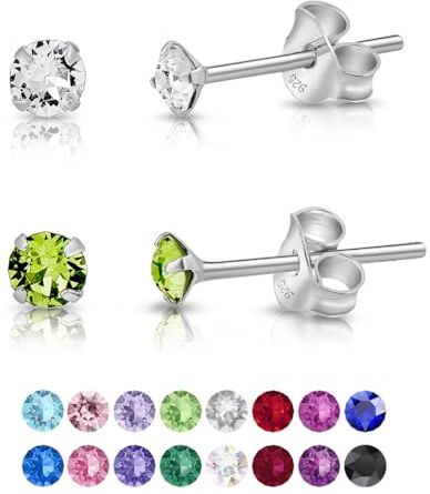 DTPsilver ® Set da 2 Paia Orecchini Punto Luce Argento 925 con Cristalli Swarovski® Elements Orecchini Lobo Donna Orecchini Piccoli con Brillantini 2 mm Colori: Diamante e Peridoto