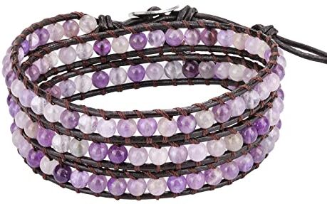 Emibele Bracciale Ametista Multistrato per Donna, Bracciale Avvolto in Pelle in Stile BohéMien, Bracciale Curativo in Cristallo Fatto a Mano, Bracciale Esotico da Indossare in Viaggio, Viola