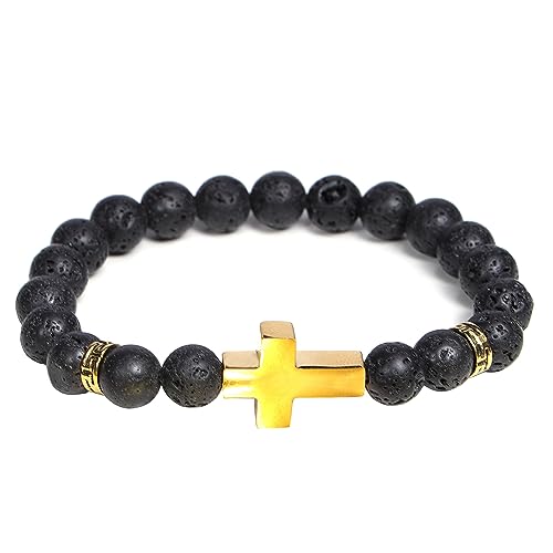 Manfnee Manfnne 8mm Croce Pietra lavica Bracciale Nero Uomo Donna Elastica Braccialetti Perline Naturale Energia Regalo Amica Amore