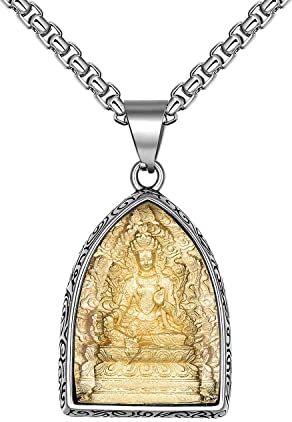 HIJONES Uomo in Acciaio Inossidabile Buddha Ciondolo Collana Buddista Amuleto Patrono Santo Gioielli Con Catena Verde Tara Oro Argento