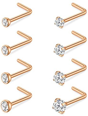 AceFun 18G Curved L-Shaped Nose Studs 1MM Stainless Steel Nose Bar Nostril Piercing Diamond Cubic Zirconia Piercing Body Jewelry Rose Gold 7MM