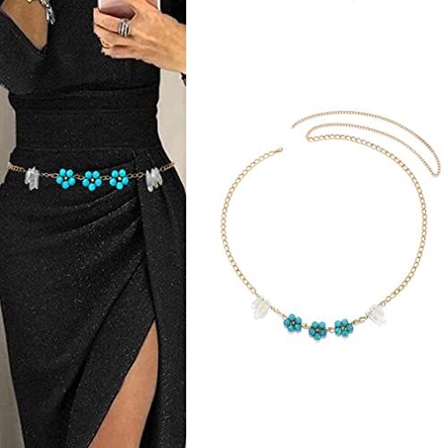 Jovono Catena in vita con fiori turchesi oro Boho Crystal Body Chain perline catena cintura vestito catena pancia catena gioielli festa spiaggia per donne e ragazze