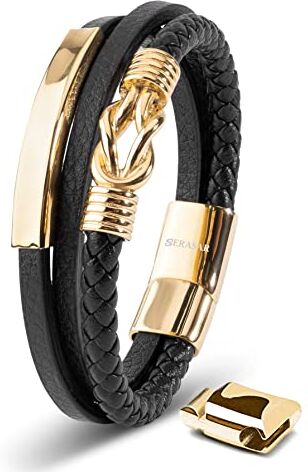 SERASAR Regalo Uomo Braccialetto Uomo 23cm Oro Bracciale Pelle Cuoio Regolabile Magnetico Inox Bracciali Braccialetti Perline Bracialetto Cinturino Braciale Bambino Bracelet Braciale Nere Accessori