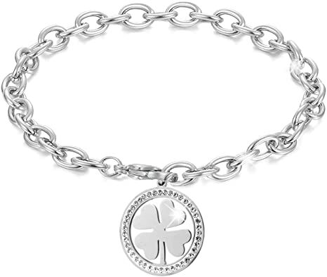 Generico Bracciale Portafortuna Donna Braccialetto Quadrifoglio con Ciondolo Buona Fortuna, Catena a Maglie Charm Strass Color Argento